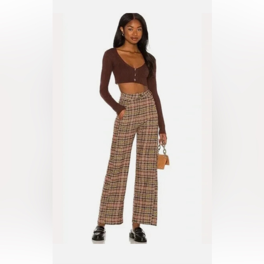 Free People Shape Up Trouser Pants Plaid High Rise Wide Leg Size 0 plaid pattern